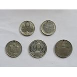 FIVE VARIOUS QUEEN VICTORIA SILVER COLOURED COMMEMORATIVE MEDALS