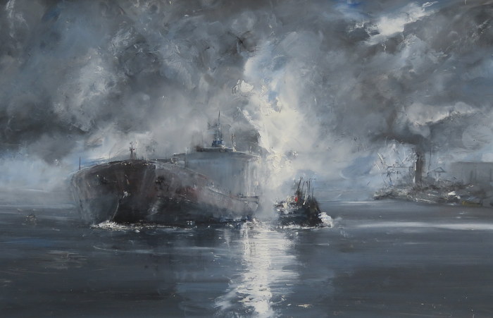 FRANK HENDRY, FRAMED OIL ON BOARD DEPICTING AN INDUSTRIAL SHIP WITH TUGBOATS ON RIVER MERSEY,