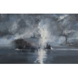 FRANK HENDRY, FRAMED OIL ON BOARD DEPICTING AN INDUSTRIAL SHIP WITH TUGBOATS ON RIVER MERSEY,