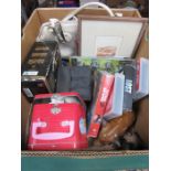 BOX OF SUNDRIES INCLUDING VIDEOS, DVDS, BAG, TOOLS AND TINS, ETC.