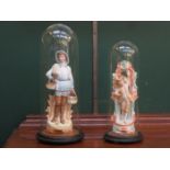 UNGLAZED CONTINENTAL STYLE CERAMIC FIGURES UNDER VICTORIAN GLASS DOME