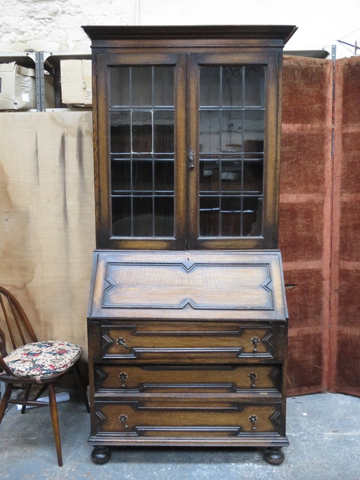 OAK TWO DOOR GLAZED BUREAU BOOKCASE