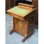 ANTIQUE WALNUT INLAID DAVENPORT WRITING DESK WITH GREEN LEATHER INSERT