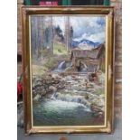 LARGE GILT FRAMED OIL ON CANVAS DEPICTING A MILL SCENE WITH STREAM, SIGNED AND DATED 1955,