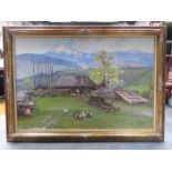 LARGE GILT FRAMED OIL ON CANVAS DEPICTING A FARM YARD SCENE, SIGNED AND DATED 1960,