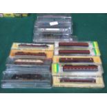 N GAUGE MINITRIX ELEVEN BOXED LONGWHEEL BASE COACHES, IN RED,