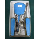 ENAMELLED DRESSING SET, PLATED KNIFE RESTS, SILVER HANDLED SHOE HORN AND BUTTON HOOK, ETC.