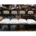 SET OF FOUR CARVED MAHOGANY UPHOLSTERED HIGH BACK DINING CHAIRS