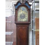 ANTIQUE OAK / MAHOGANY CASED LONGCASE CLOCK WITH PAINTED BRASS ROLLING MOON DIAL,
