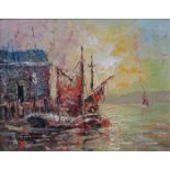 PAIR OF FRAMED OIL ON BOARDS DEPICTING CONTINENTAL WATERSIDE SCENES,