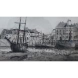 CHARLES H CLARKE FRAMED PENCIL SIGNED MONOCHROME ETCHING DEPICTING RAMSEY HARBOUR APPROXIMATELY