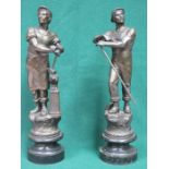 PAIR OF SPELTER FIGURES ON EBONISED STANDS,