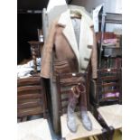 VINTAGE SHEEPSKIN COAT AND RIDING EQUIPMENT INCLUDING LEATHER BOOTS