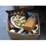 BOX LOT OF SUNDRIES INCLUDING FLATWARE, TABLE LAMP, CERAMICS AND CHESS SET, ETC.