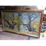 LARGE GILT FRAMED OIL ON CANVAS DEPICTING A WOODLAND SCENE, SIGNED AND DATED 1963,