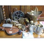 SMALL BRASS BUCKET AND VARIOUS DOOR KNOBS, ETC, ALSO BELLOWS, HORN AND TANKARDS, ETC.