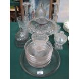 MIXED LOT OF VARIOUS GLASSWARE INCLUDING CANDLESTICKS, ETCHED DISHES, BON BON DISHES, ETC.