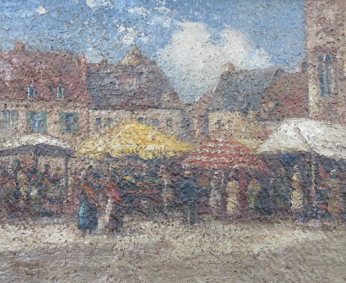 GEORGE L LEIGH, FRAMED OIL ON BOARD DEPICTING A BUSY STREET MARKET SCENE,