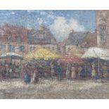 GEORGE L LEIGH, FRAMED OIL ON BOARD DEPICTING A BUSY STREET MARKET SCENE,