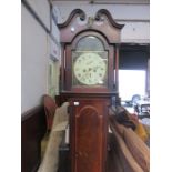 MAHOGANY LONG CASED CLOCK WITH HANDPAINTED AND ENAMELLED DIAL