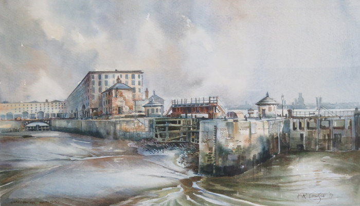 BRIAN ENTWISTLE, FRAMED WATERCOLOUR- CANNING HALF TIDE, ALBERT DOCK, SIGNED AND DATED 77,
