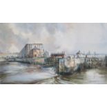 BRIAN ENTWISTLE, FRAMED WATERCOLOUR- CANNING HALF TIDE, ALBERT DOCK, SIGNED AND DATED 77,