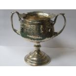 WALKER & HALL HAMMERED SILVER TWO HANDLED CUP, SHEFFIELD ASSAY, DATED 1920,