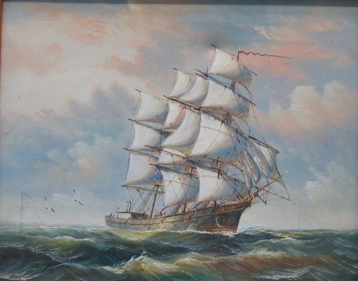 FRAMED OIL ON CANVAS DEPICTING A GALLEON AT SEA, SIGNED AMBROSE, POSSIBLY JOHN AMBROSE,