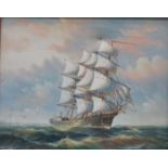 FRAMED OIL ON CANVAS DEPICTING A GALLEON AT SEA, SIGNED AMBROSE, POSSIBLY JOHN AMBROSE,