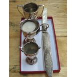 THREE MALL SILVER CUPS AND PLATED BREAD KNIFE