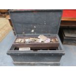 WOODEN STORAGE BOX CONTAINING MOSTLY WOODWORKING TOOLS