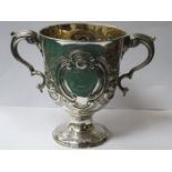 GEORGE III HALLMARKED SILVER REPOUSSE DECORATED TWO HANDLED GOBLET, DUBLIN ASSAY, DATED 1787,