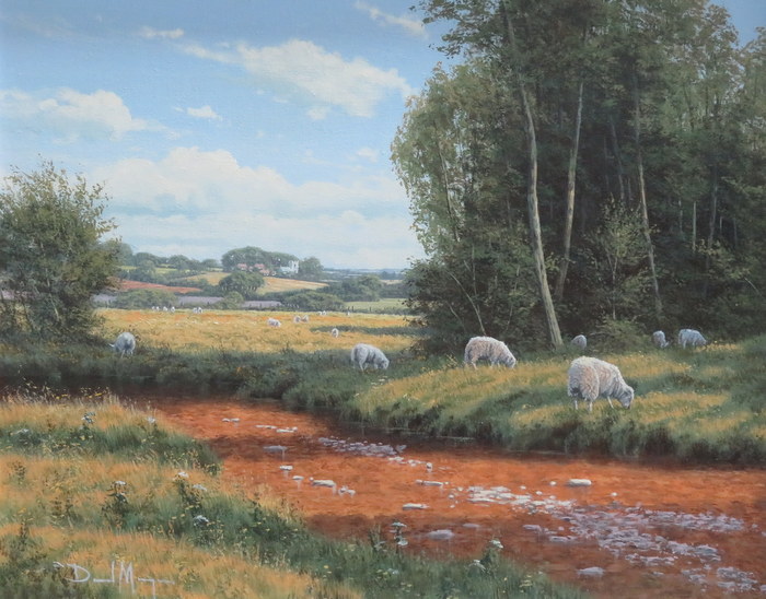 DAVID MORGAN, OIL ON CANVAS DEPICTING A COUNTRYSIDE RIVERSIDE SCENE WITH SHEEP,