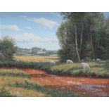 DAVID MORGAN, OIL ON CANVAS DEPICTING A COUNTRYSIDE RIVERSIDE SCENE WITH SHEEP,