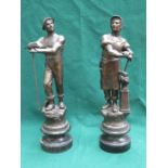 PAIR OF SPELTER FIGURES ON EBONISED STANDS,