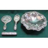 SILVER PLATED STEMMED TAZZA AND HALLMARKED SILVER PART DRESSING TABLE SET