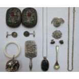 MIXED LOT OF SILVER AND SILVER COLOURED JEWELLERY INCLUDING ART NOUVEAU CUFFLINKS, BELT BUCKLE,