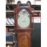 ANTIQUE MAHOGANY CASED LONGCASE CLOCK WITH HANDPAINTED ROLLING MOON DIAL, BY THOMAS RUSSELL,