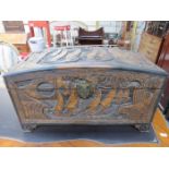 HEAVILY CARVED ORIENTAL STYLE DOME TOPPED CAMPHOR CHEST