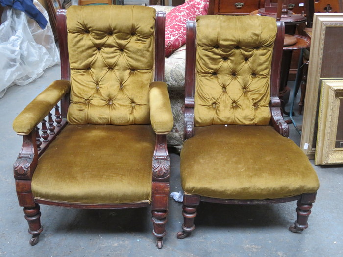 MAHOGANY FRAMED AND UPHOLSTERED ARMCHAIR AND MATCHING MAHOGANY EASY CHAIR