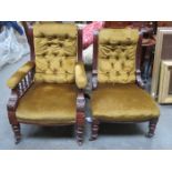 MAHOGANY FRAMED AND UPHOLSTERED ARMCHAIR AND MATCHING MAHOGANY EASY CHAIR