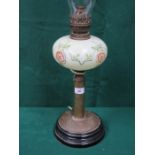 ART NOUVEAU STYLE BRASS COLUMN FORM OIL LAMP WITH GREEN FLORAL GLASS RESERVOIR