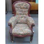 VICTORIAN MAHOGANY BUTTON BACK FLORAL UPHOLSTERED ARMCHAIR