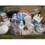 BOX LOT OF SUNDRIES INCLUDING CERAMICS, GLASS, FUR SHAWL, MANTEL CLOCK, COINAGE,