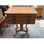 MAHOGANY THREE DRAWER SEWING CHEST ON RAISED QUADRAFOIL SUPPORTS