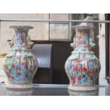 PAIR OF HANDPAINTED AND GILDED GLAZED CANTONESE VASES,