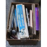 BOX OF SUNDRIES INCLUDING PICTURES, CAMERA ACCESSORIES AND CLOCK, ETC.