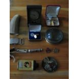 MIXED LOT INCLUDING ART DECO CLOCK, WHALES TOOTH, CUFFLINKS, WHISTLES AND BADGES, ETC.