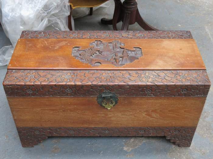 CARVED JAPANESE CAMPHOR CHEST WITH FITTED INTERIOR