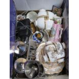 MIXED LOT OF SUNDRY CERAMICS AND PART TEA SET, PLUS STAINLESS STEEL KITCHEN WARE, ETC.